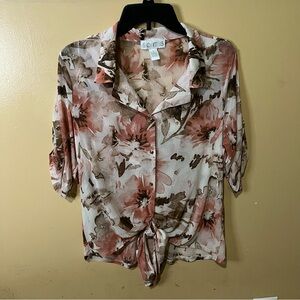 Women's So It Is blouse brown/ pink floral print short sleeves V-neck Tie-Front